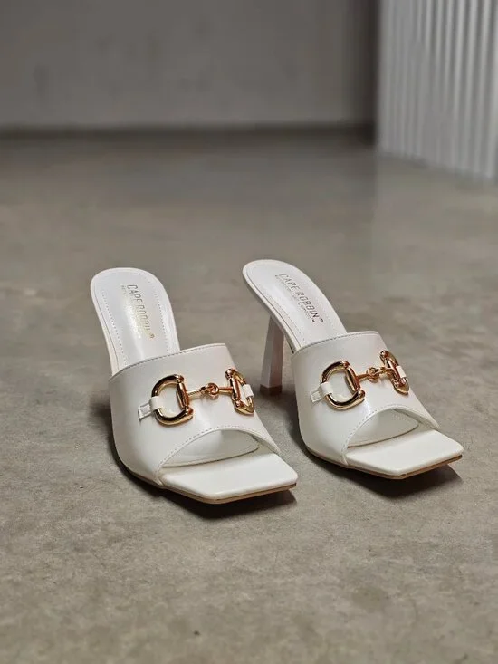 Square Toe White Heeled Mules With Gold Chain Detail - Elegant Slip-On Design Fo - Picture 14 of 14